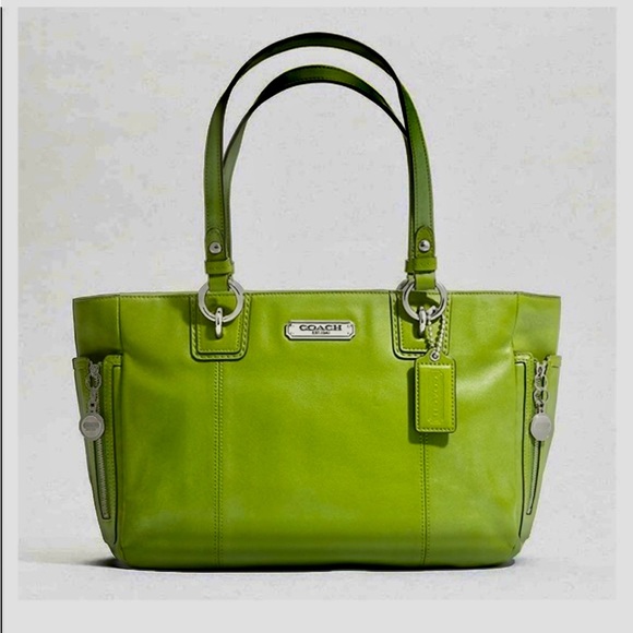 COACH Gallery Green Leather Zipper Pockets Double Handles Medium Tote Bag GUC!! - Picture 2 of 12
